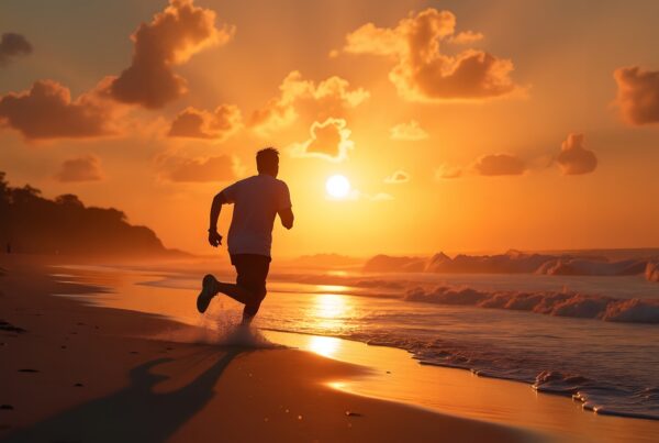 A silhouette of a person running on the beach during a vibrant sunset with waves and clouds in the background.