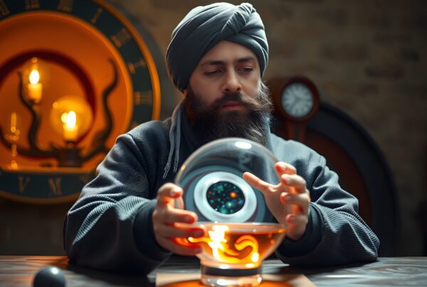 A man in a turban gazes into a glowing crystal ball with swirling galaxy colors, set against a warm, mystical backdrop.