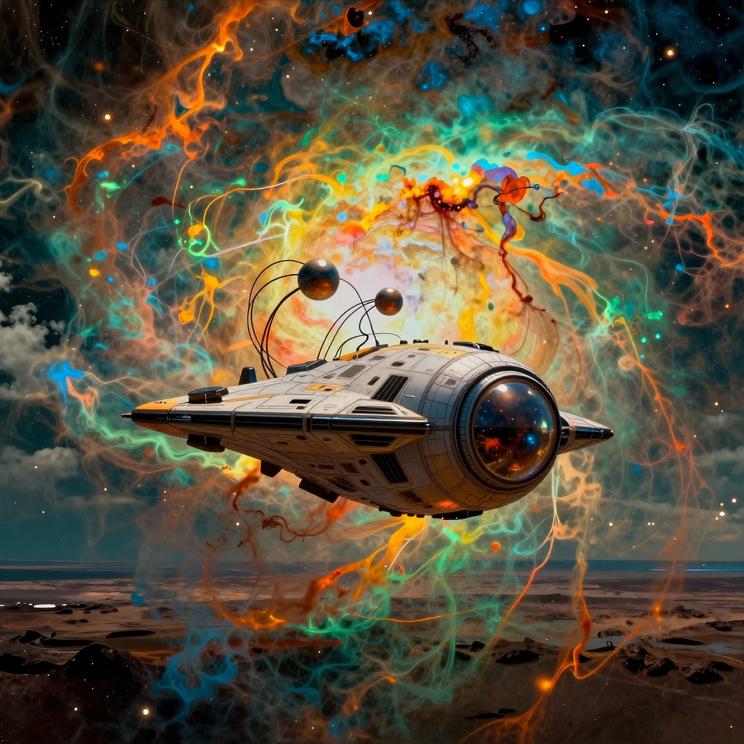 Futuristic spacecraft in colorful nebula
