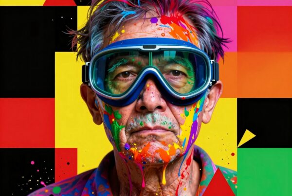 Elderly man with colorful paint-splattered face and geometric background, wearing goggles, expressing creativity.