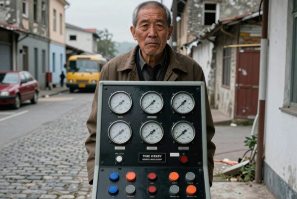 Elderly man holding an industrial control panel outside on a cobblestone street.