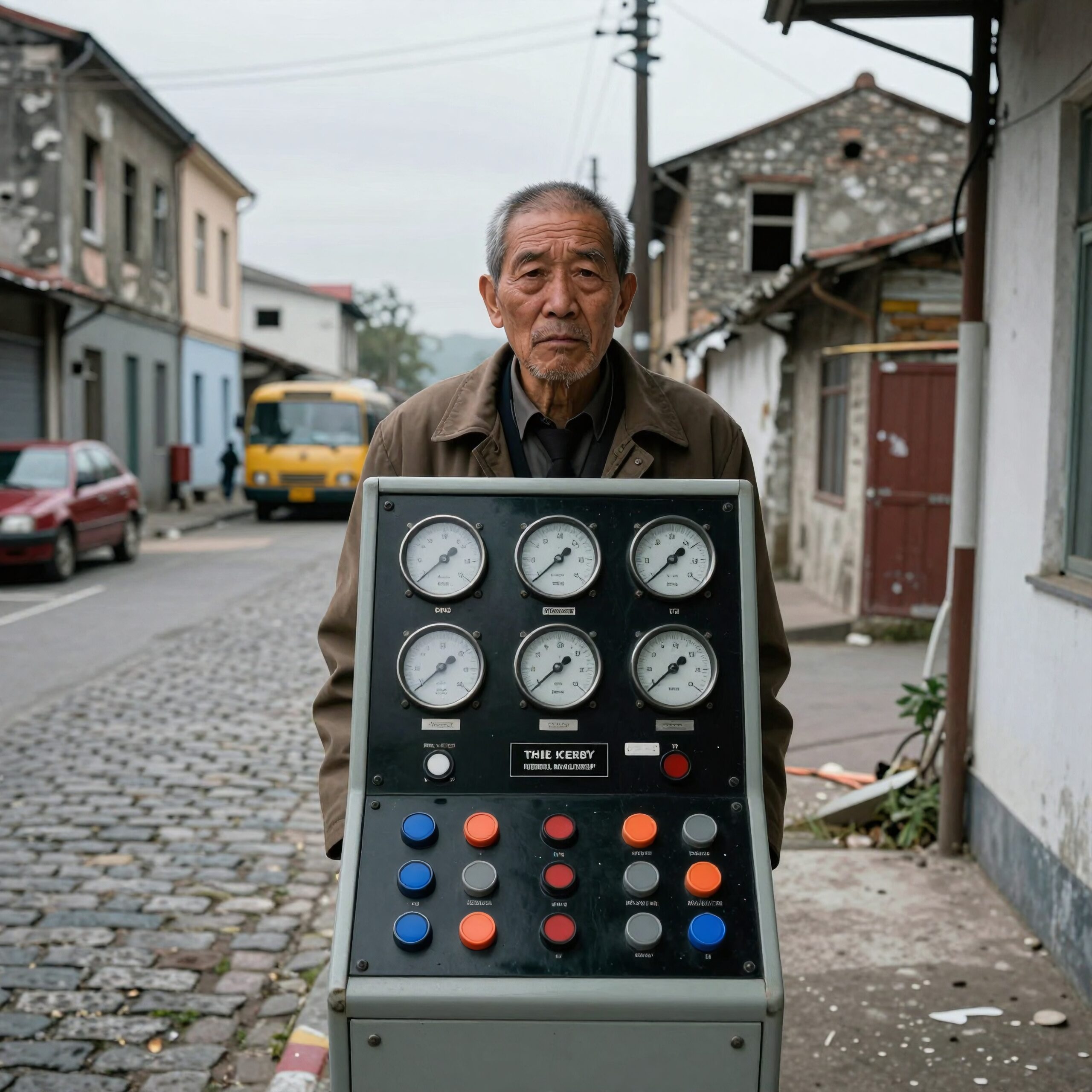 Man with control panel outside