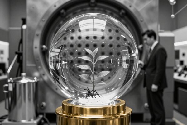 A plant in a glass dome on a golden base inside a futuristic laboratory.