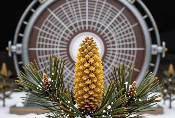 Close-up of a detailed pine cone with a snowy backdrop and a large circular structure in the background.
