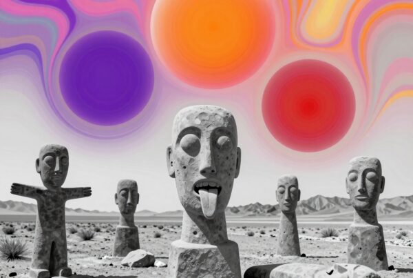 Stone-like sculptures in a desert landscape beneath a vibrant, psychedelic sky with colorful swirls.