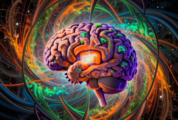 A vibrant artistic depiction of a human brain amidst swirling cosmic energy and stars, illustrating creativity and consciousness.