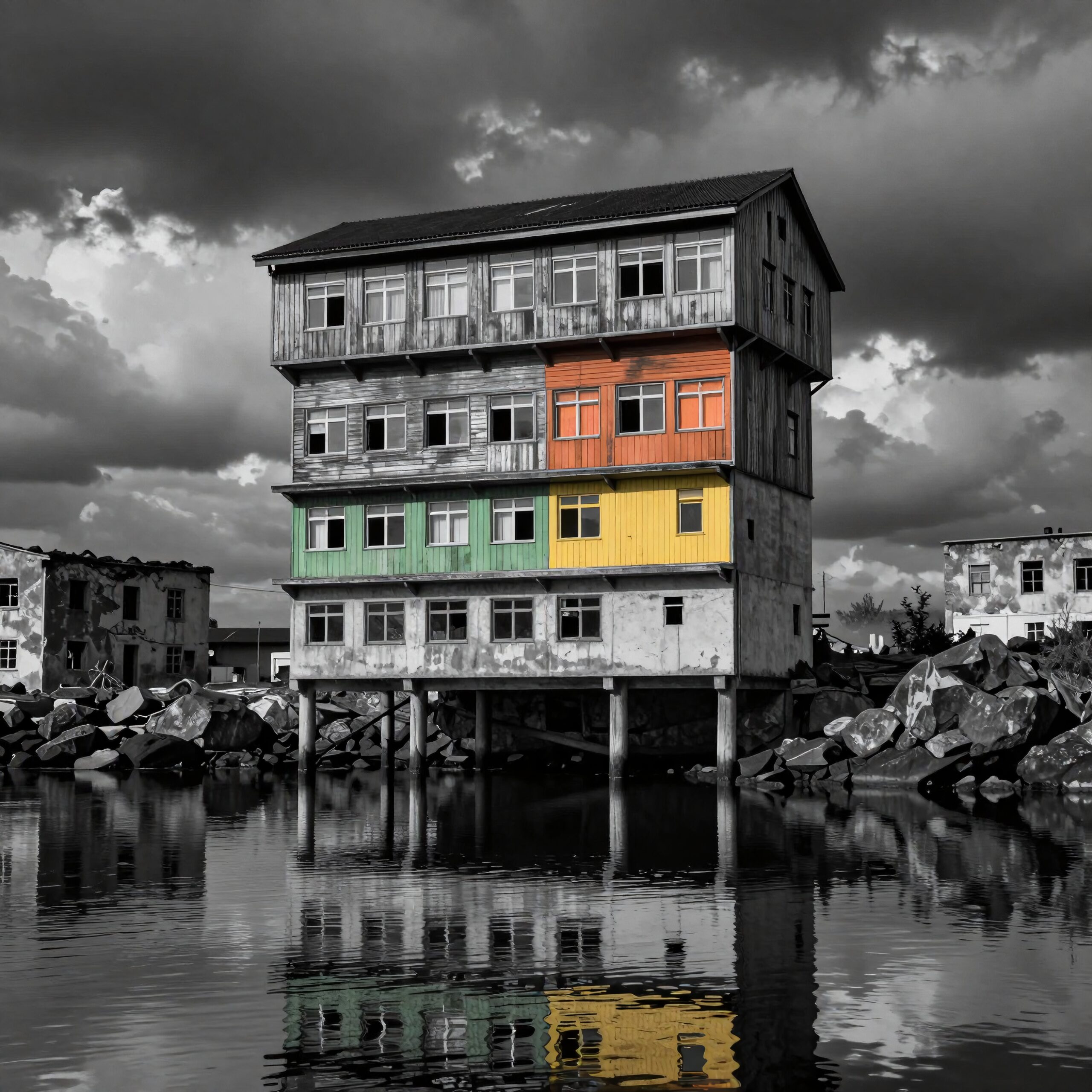 Stilt House Against Stormy Skies