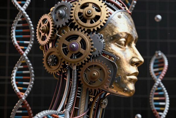 A detailed rendering of a futuristic, mechanical humanoid with DNA strands in the background, symbolizing the fusion of biotechnology and artificial intelligence.