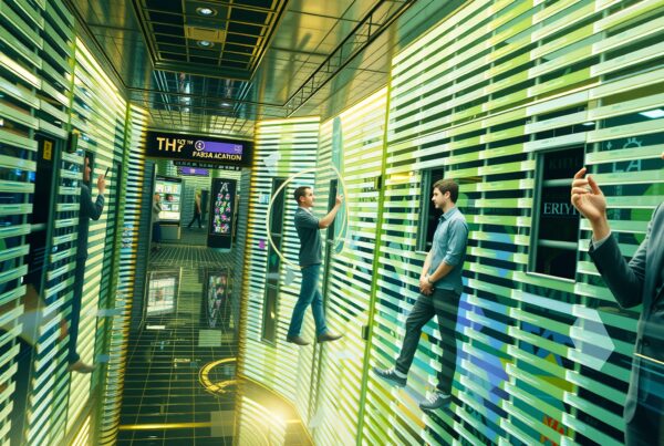 Futuristic tech hallway with digital interactive displays and green lighting ambiance.