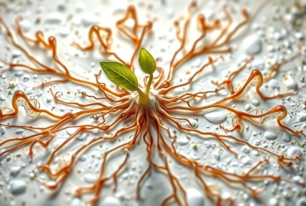 A vivid depiction of growth with orange tendrils and fresh leaves on a pebbled surface.