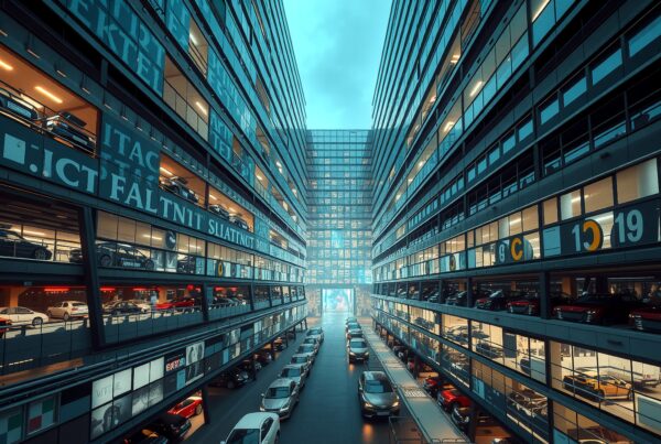 Futuristic multi-story parking structure with cars and glass.