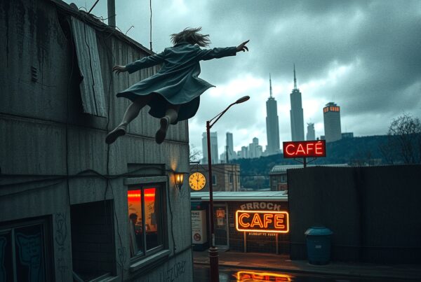 A person dramatically leaps into a moody urban skyline with a neon café sign.