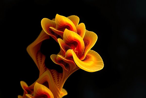 Digital artwork of a vivid abstract flower sculpture with intricate folds on a black background.
