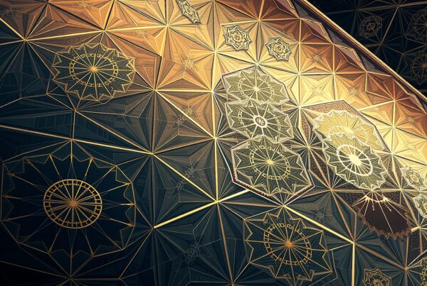 Intricate geometric pattern with illuminated gold and black star designs.