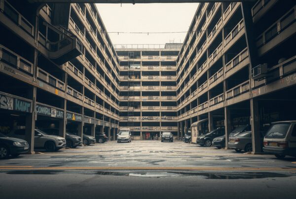 Multilevel concrete parking garage with graffiti and parked cars in an urban setting.