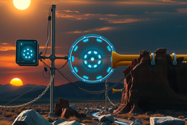 Futuristic apparatus and sunset in desert landscape.