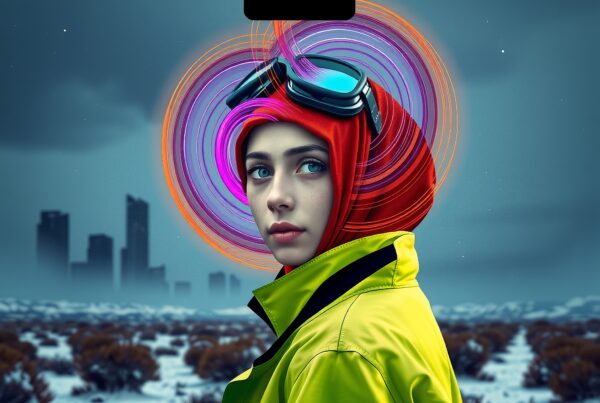 A woman in a vibrant green jacket with a red headscarf and neon elements stands in a snowy landscape with a distant city skyline.