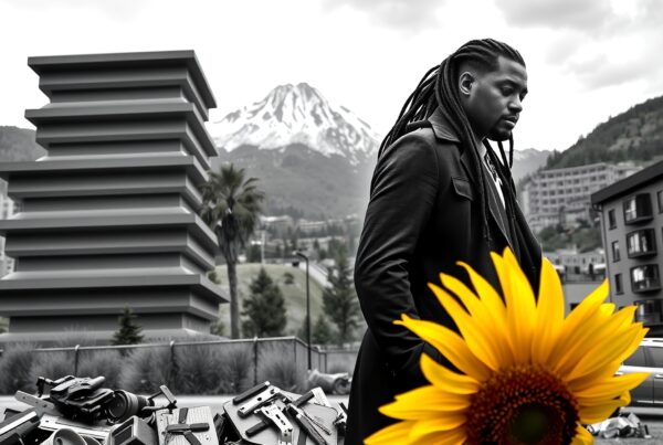 Man in urban setting with sunflower.