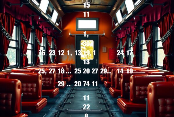 A vintage train interior with red seats, velvet curtains, and mysterious numbers scattered throughout.