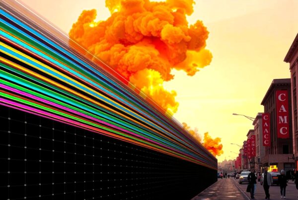 Colorful digital lines meet urban street scene with orange cloud.