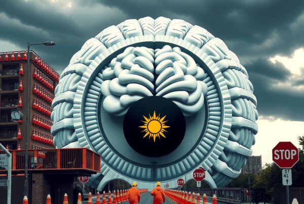 Surreal structure resembling a giant eye with a brain, set in a futuristic urban landscape with dramatic clouds and vibrant orange accents.