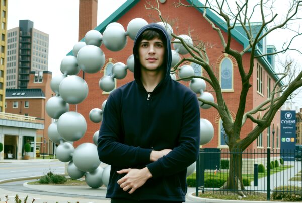 A young man in a navy hoodie stands in front of a city sculpture and brick building, capturing urban sophistication.