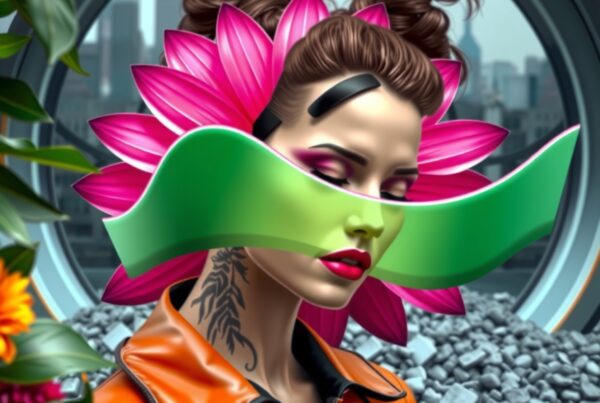 Portrait of a woman with floral and futuristic elements against an urban backdrop.