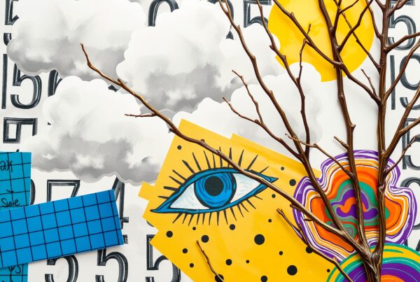 A vibrant surreal collage with a blue eye, numbers, clouds, and branches on a colorful abstract background.