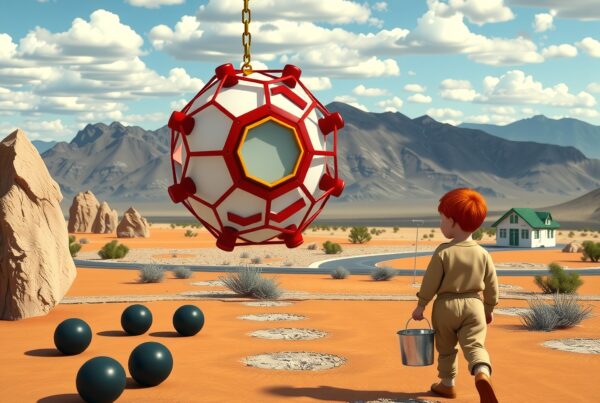 A child in desert, futuristic orb, scattered spheres, distant mountains, vibrant landscape.