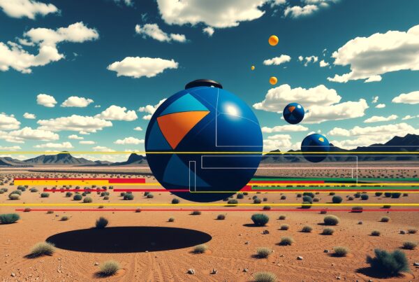 Colorful geometric spheres float over a vibrant desert landscape.