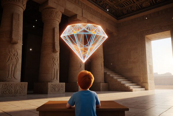 A young boy gazes at a floating geometric diamond inside a grand, ancient temple.