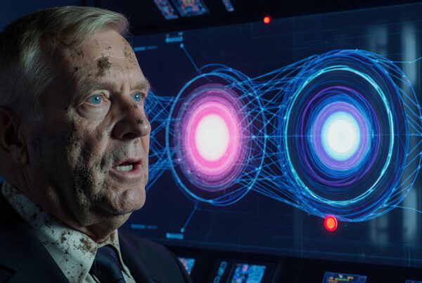 A man in a suit with a focused expression stands before a glowing digital display featuring interconnected circles.