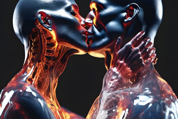 Futuristic illustration of two anatomically detailed human figures kissing, with glowing inner anatomy against a dark background.