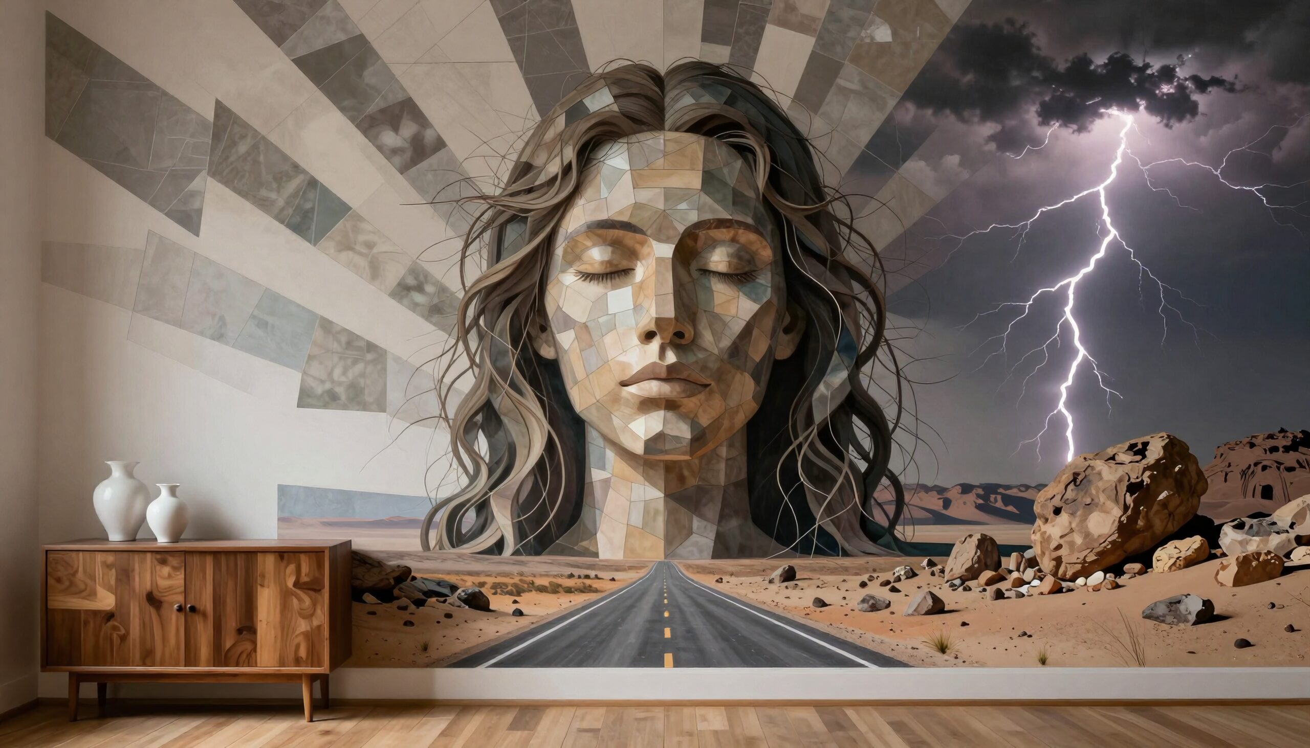 Surreal Landscape with Mosaic Face