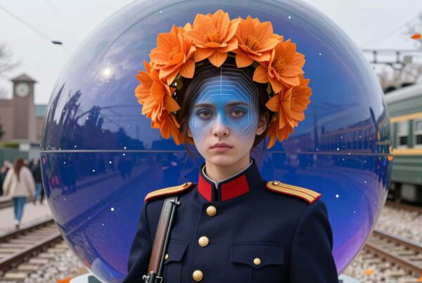 A woman in a military coat with blue face paint and flower crown stands before a reflective sphere at a railway, creating a surreal scene.