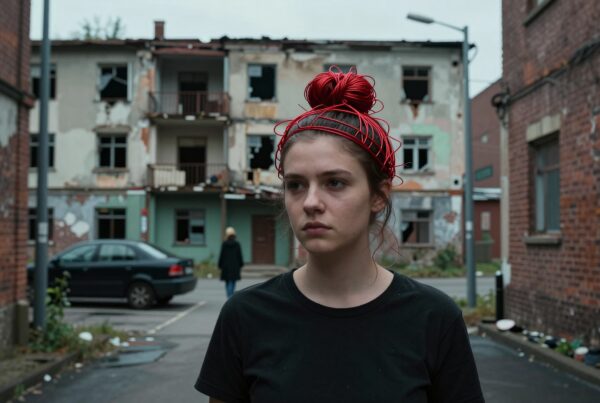 A young woman stands in front of a decaying building, wearing a red wire headpiece.