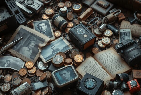 Alt text: A collection of vintage items including black-and-white photographs, coins, an antique camera, and open books, creating a nostalgic atmosphere.