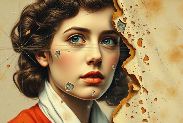 A surreal portrait of a captivating woman with blue eyes and red lips against an aged, textured background conveying timeless elegance.