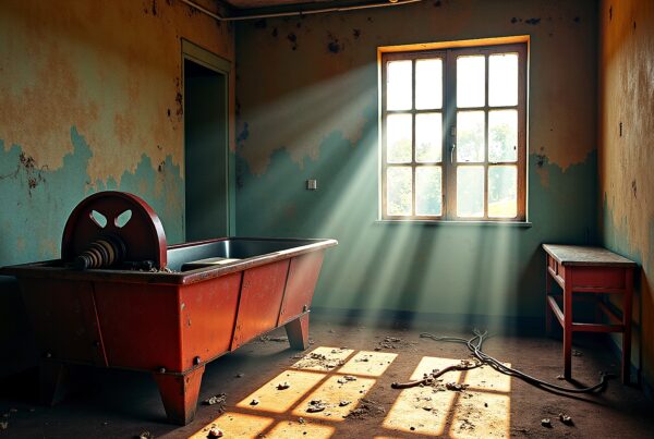 Abandoned room with sunlight streaming through windows, illuminating rustic red bathtub, peeling walls, and dusty floor.