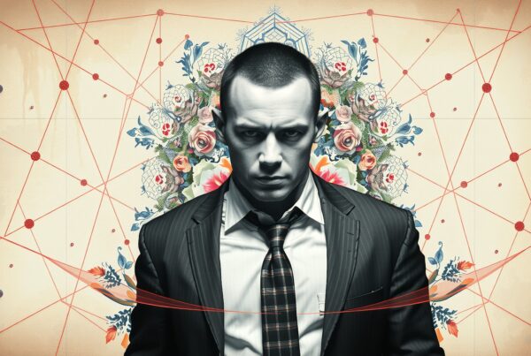 Man in suit with geometric floral background.