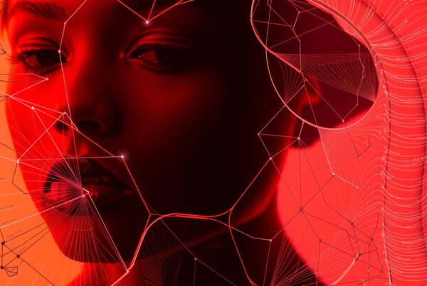A digitally rendered face with geometric lines on a red background, evoking a futuristic and technological theme.