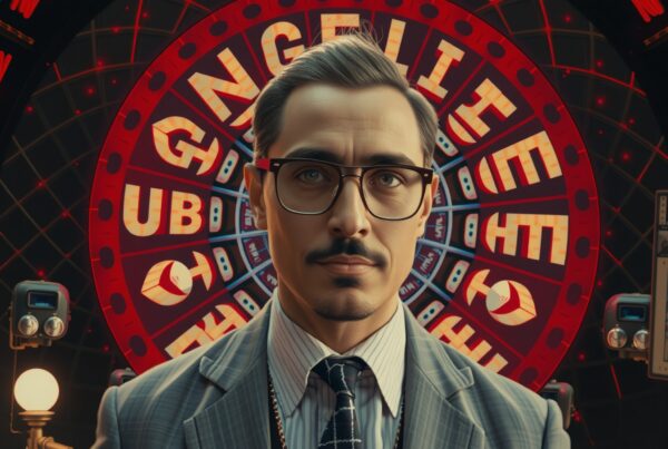 A man in glasses stands before an illuminated wheel in a colorful setting conveying seriousness and professionalism.