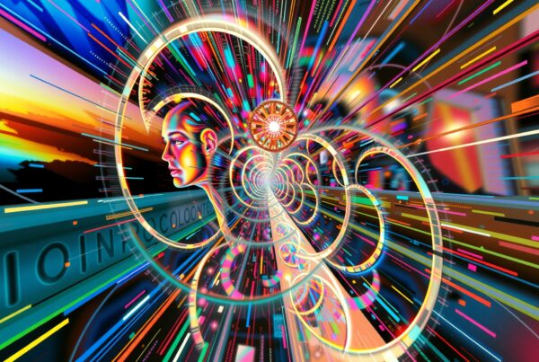 A vibrant, futuristic digital artwork featuring a colorful human face and a dynamic tunnel with light trails.