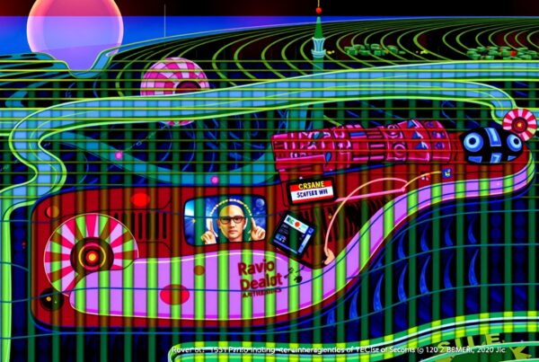 Vibrant futuristic landscape with neon pathways and geometric elements.