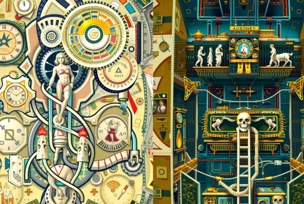A colorful surreal illustration merges timekeeping with futuristic elements, featuring intricate gears and symbolic icons.