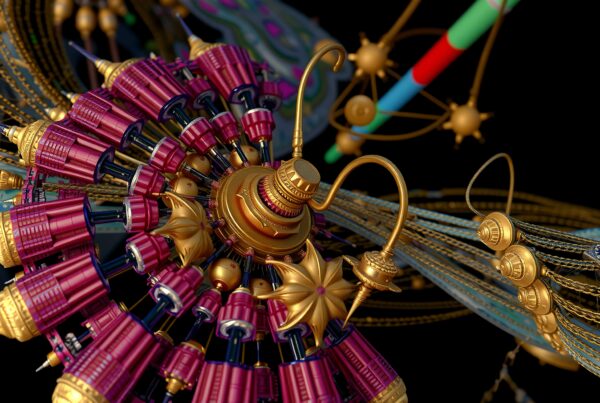 A colorful abstract mechanical design featuring intricate details and vivid contrast against a black background.