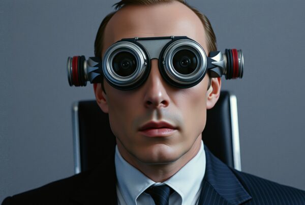 A businessman wearing futuristic goggles.
