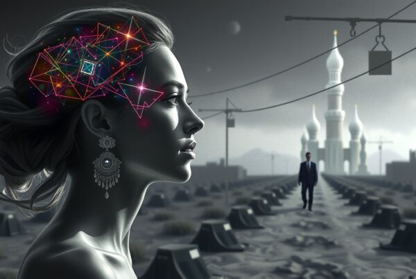 Elegant profile woman with vibrant geometric design against a surreal architectural backdrop.