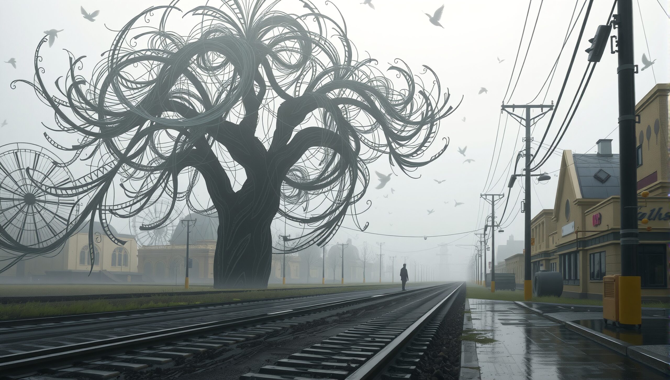 Mysterious Railroad in Foggy Landscape