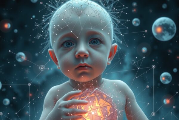 A baby holding a glowing geometric shape in a cosmic, futuristic setting.